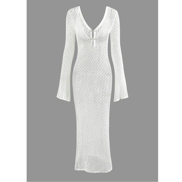 White knit crochet see through cover up maxi dress - summer resort style - Picture 5 of 8